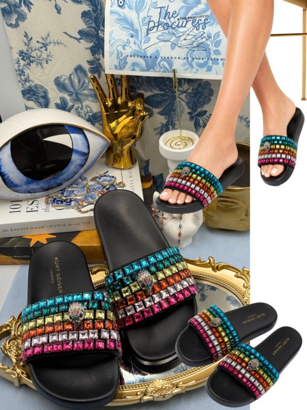 🧿🧿 KURT GEIGER LONDON Meena Eagle Jewel Crystal Studded Slide, Black Rainbow - Picture 2 of 14